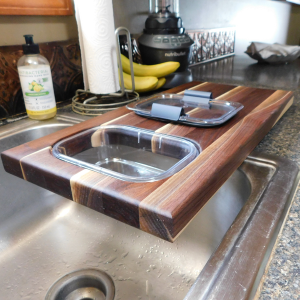 Over The Counter Black Walnut Edge Grain Cutting Board with Tupperware Insert & Clear Rubber Grip Feet
