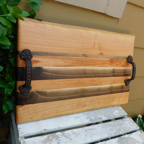 Cherry Wood & Black Walnut Edge Grain Cutting Board with Cast Iron Handles, Clear Rubber Grip Feet & a Beveled Edge