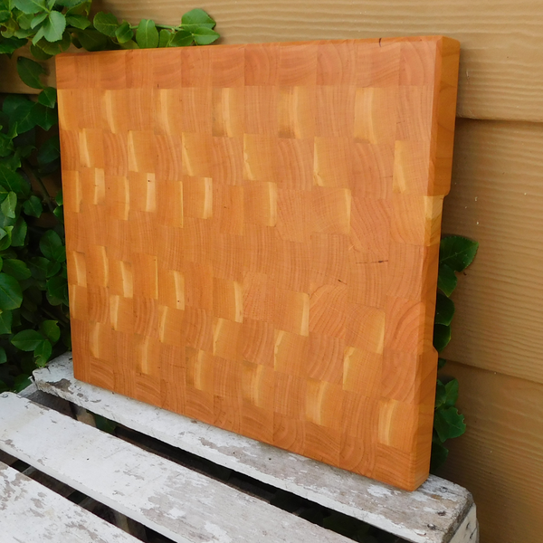 Cherry Wood End Grain Cutting Board with Hand Grooves on Sides and Beveled Edge