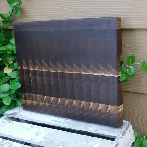Black Walnut End Grain Cutting Board with Hand Grooves and Clear Rubber Grip Feet