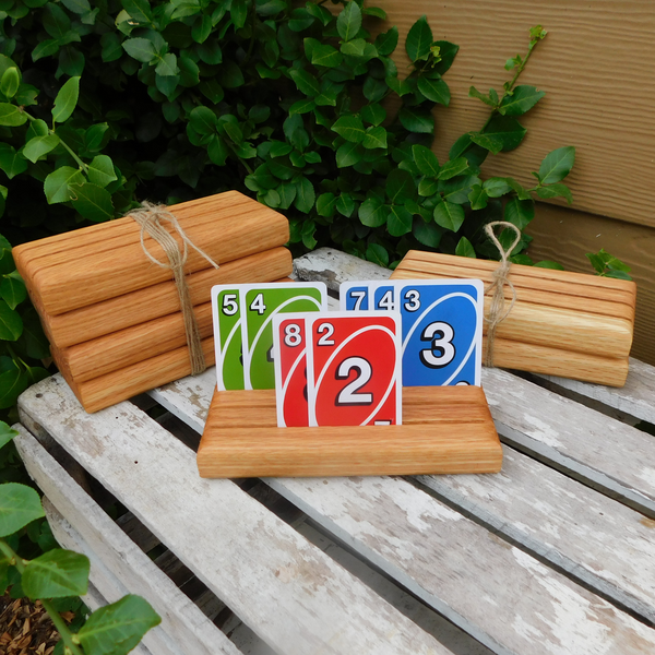 Set of FOUR Oak Hardwood Playing Card Holders with 3 Angled Card Slots