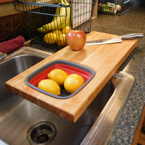Over The Sink Cherry Wood Edge Grain Cutting Board with Colander and Clear Rubber Grip Feet