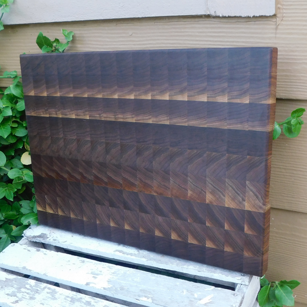 Large Black Walnut End Grain Cutting Board with Hand Grooves and Clear Rubber Grip Feet