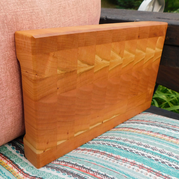 Cherry Wood End Grain Cutting Board with a Beveled Edge & Hand Grooves On Sides
