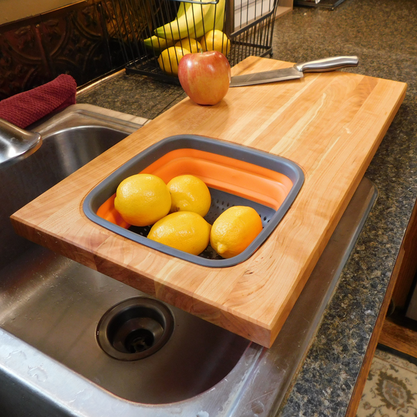 Over The Sink Cherry Wood Edge Grain Cutting Board with Colander and Clear Rubber Grip Feet