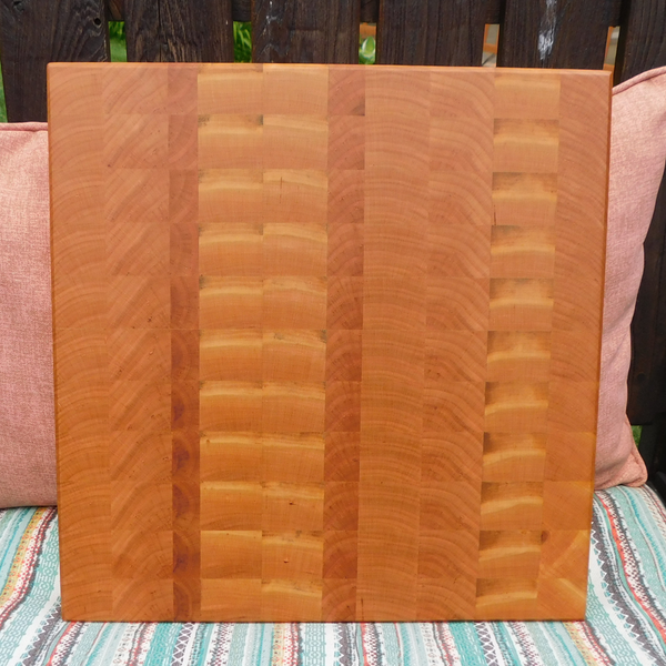 Cherry Wood End Grain Cutting Board with Hand Grooves on All Four Sides and Beveled Edge