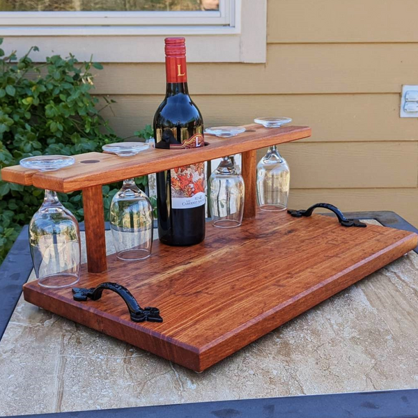 Spalted Cherry Wood Wine Charcuterie Board with Four Wine Glasses, Cast Iron Handles, & Clear Rubber Grip Feet