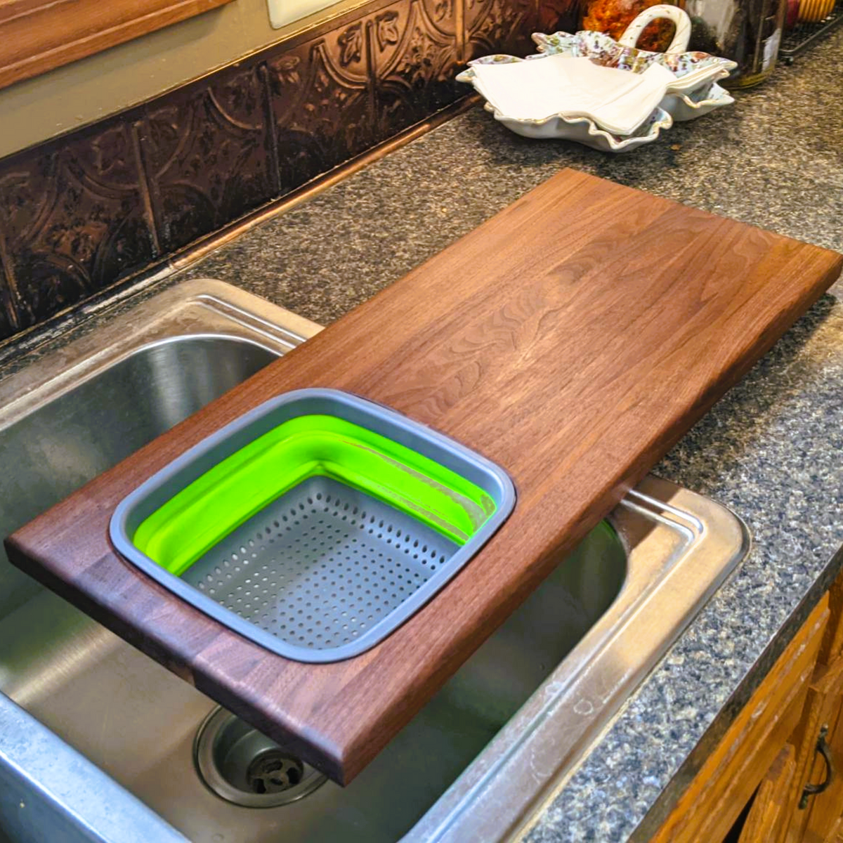 Over The Sink Black Walnut Edge Grain Cutting Board with Colander