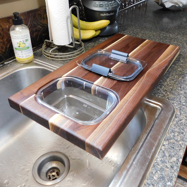 Over The Counter Black Walnut Edge Grain Cutting Board with Tupperware Insert & Clear Rubber Grip Feet