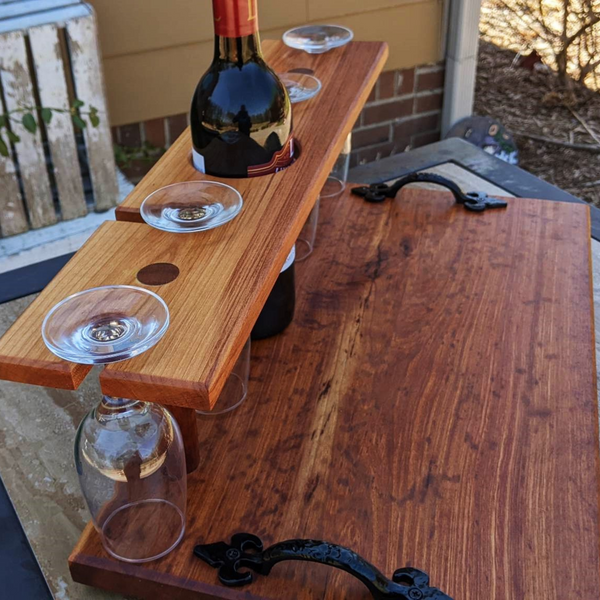 Spalted Cherry Wood Wine Charcuterie Board with Four Wine Glasses, Cast Iron Handles, & Clear Rubber Grip Feet