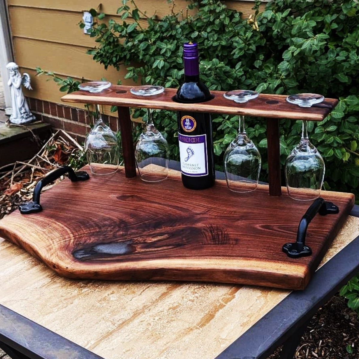 Jr Foursome Live Edge Jr Wine Decanter & 4 Revolving 12oz Wine Glasses with Live Edge Walnut Serving Tray