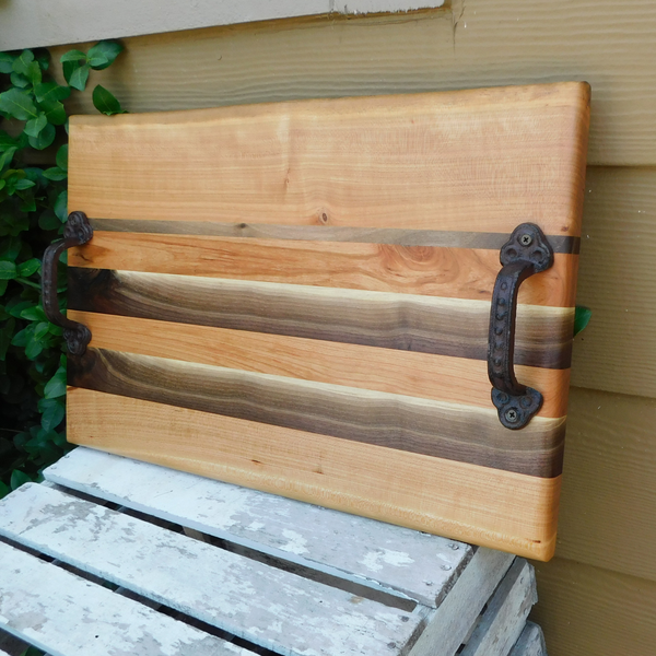 Cherry Wood & Black Walnut Edge Grain Cutting Board with Cast Iron Handles, Clear Rubber Grip Feet & a Beveled Edge