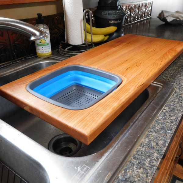 Extra Large Over The Sink Cherry Wood Edge Grain Cutting Board with Collapsible Colander and Clear Rubber Grip Feet