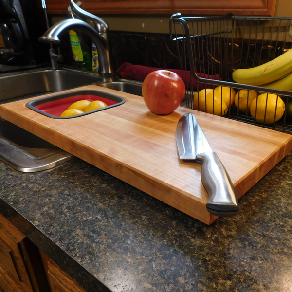 Over The Sink Cherry Wood Edge Grain Cutting Board with Colander and Clear Rubber Grip Feet