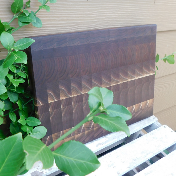 Black Walnut End Grain Cutting Board with Hand Grooves and Clear Rubber Grip Feet