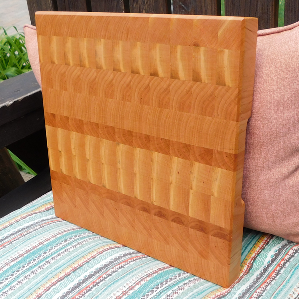 Cherry Wood End Grain Cutting Board with Hand Grooves on All Four Sides and Beveled Edge