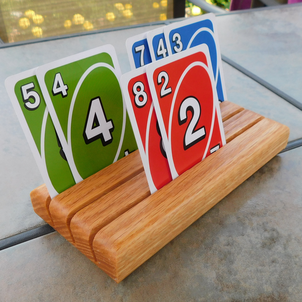 Set of FOUR Oak Hardwood Playing Card Holders with 3 Angled Card Slots