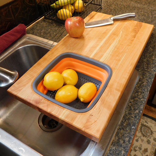 Over The Sink Cherry Wood Edge Grain Cutting Board with Colander and Clear Rubber Grip Feet