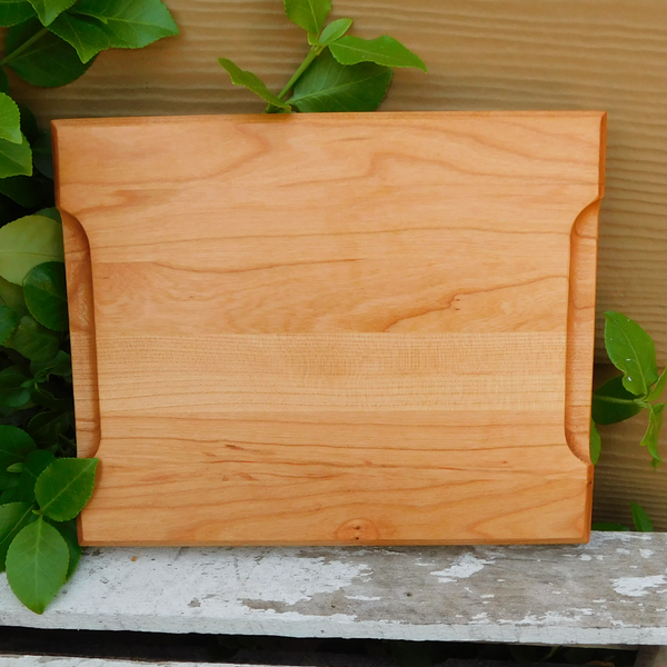 Small Cherry Wood Edge Grain Cutting Board with Beveled Edge & Hand Grooves On Sides