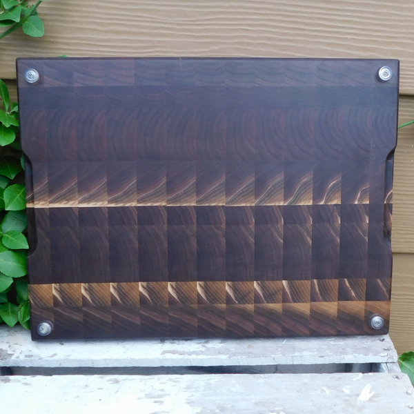 Black Walnut End Grain Cutting Board with Hand Grooves and Clear Rubber Grip Feet