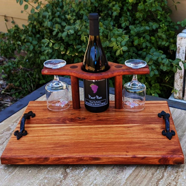Spalted Cherry Wood Wine Charcuterie Board with Two Wine Glasses, Cast Iron Handles, & Clear Rubber Grip Feet