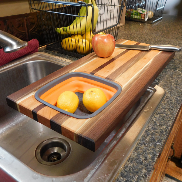 Large Over The Sink Black Walnut & Cherry Wood Edge Grain Cutting Board with Colander and Clear Rubber Grip Feet