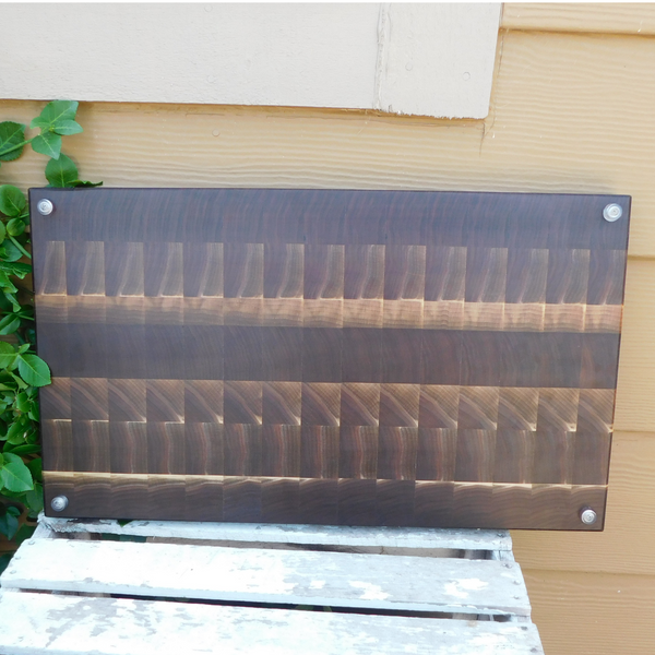 Large Black Walnut End Grain Cutting Board with Hand Grooves and Clear Rubber Grip Feet