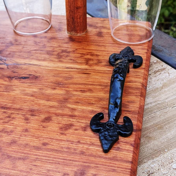 Spalted Cherry Wood Wine Charcuterie Board with Four Wine Glasses, Cast Iron Handles, & Clear Rubber Grip Feet