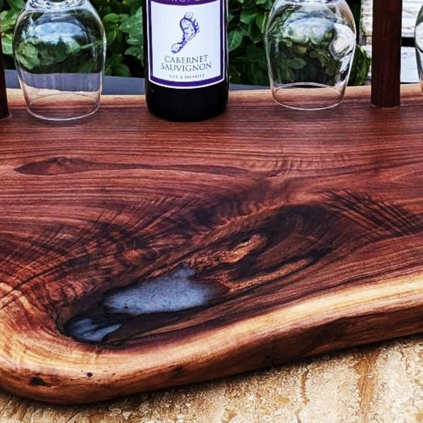 Large Black Walnut Wine Charcuterie Board with Four Wine Glasses