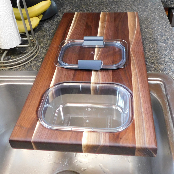 Over The Counter Black Walnut Edge Grain Cutting Board with Tupperware Insert & Clear Rubber Grip Feet