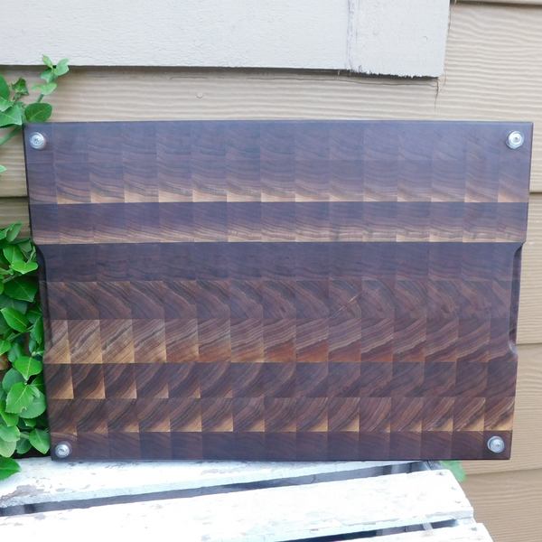 Large Black Walnut End Grain Cutting Board with Hand Grooves and Clear Rubber Grip Feet