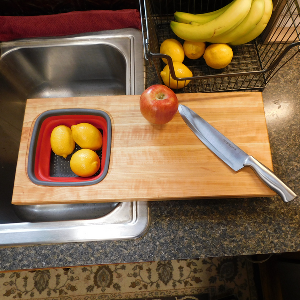 Over The Sink Cherry Wood Edge Grain Cutting Board with Colander and Clear Rubber Grip Feet