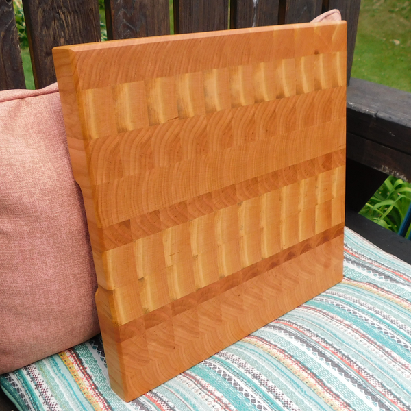 Cherry Wood End Grain Cutting Board with Hand Grooves on All Four Sides and Beveled Edge