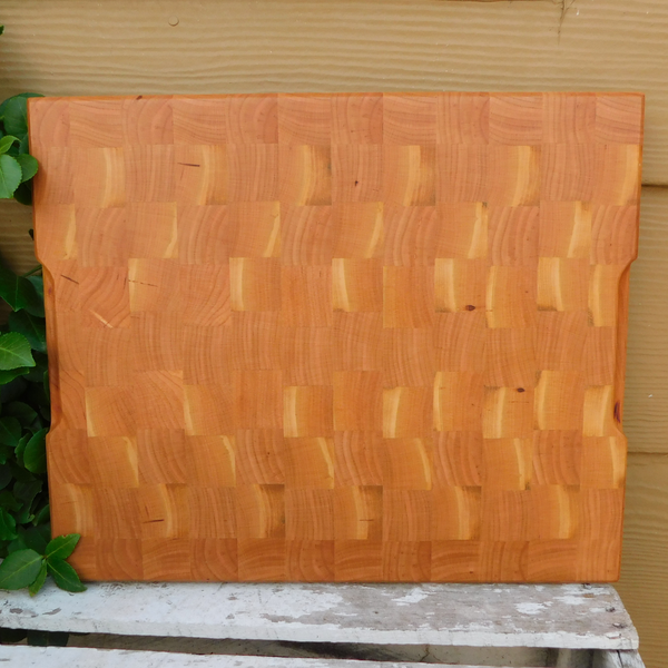 Cherry Wood End Grain Cutting Board with Hand Grooves on Sides and Beveled Edge
