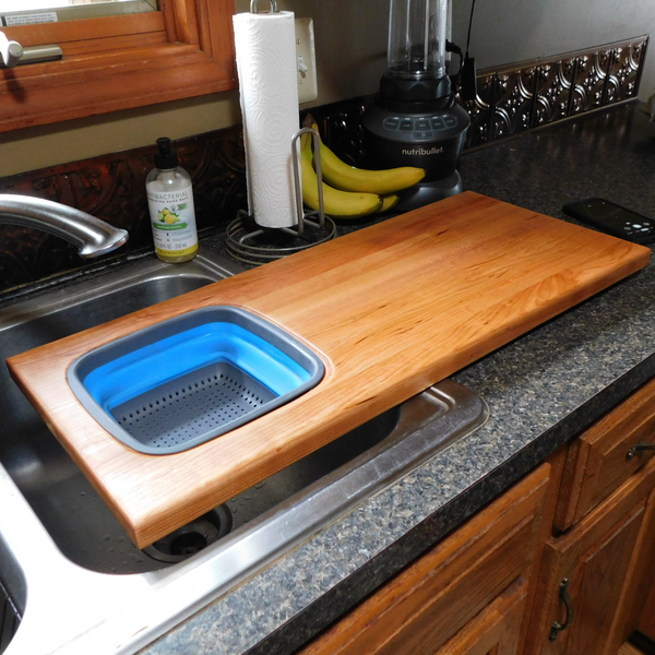Extra Large Over The Sink Cherry Wood Edge Grain Cutting Board with Collapsible Colander and Clear Rubber Grip Feet