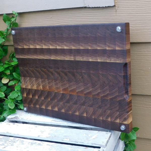 Large Black Walnut End Grain Cutting Board with Hand Grooves and Clear Rubber Grip Feet
