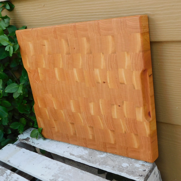 Cherry Wood End Grain Cutting Board with Hand Grooves on Sides and Beveled Edge