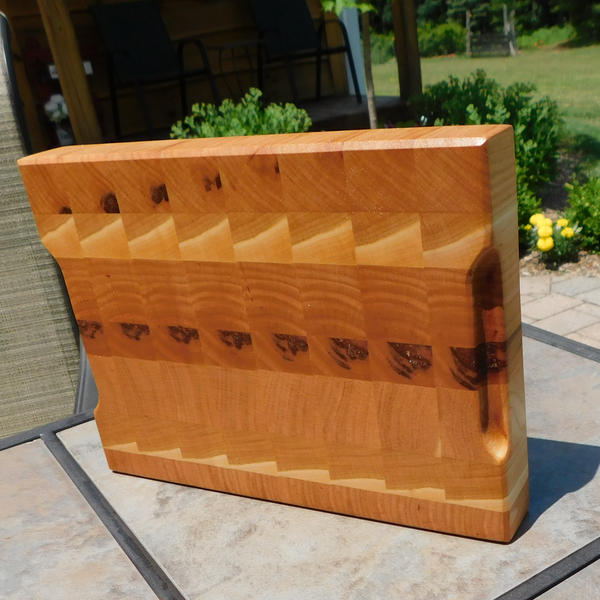 Cherry Wood End Grain Cutting Board with a Beveled Edge & Hand Grooves On Sides
