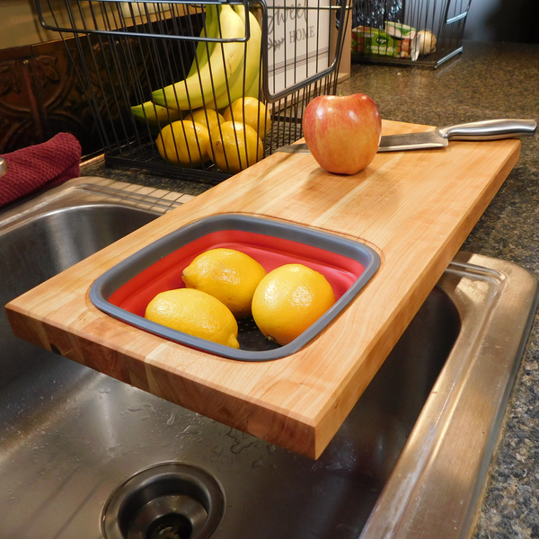 Over The Sink Cherry Wood Edge Grain Cutting Board with Colander and Clear Rubber Grip Feet