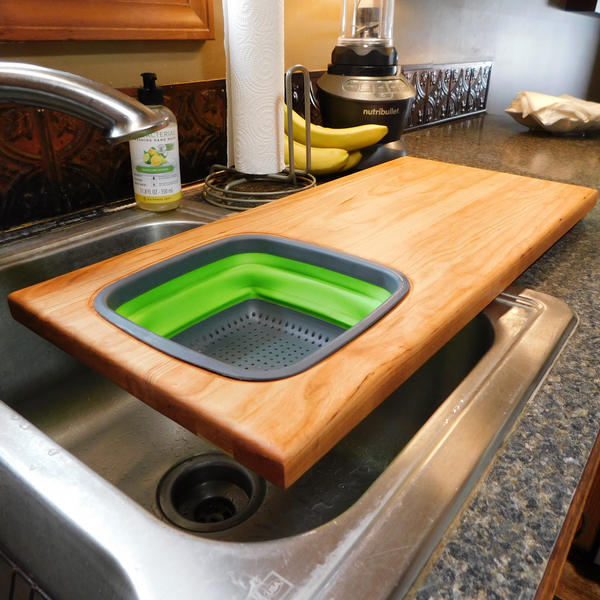 Over The Sink Cherry Wood Edge Grain Cutting Board with Collapsible Colander and Clear Rubber Grip Feet
