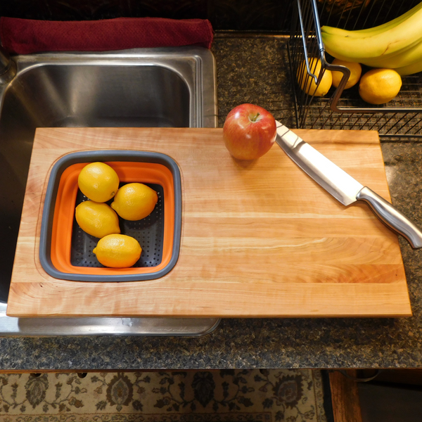 Over The Sink Cherry Wood Edge Grain Cutting Board with Colander and Clear Rubber Grip Feet