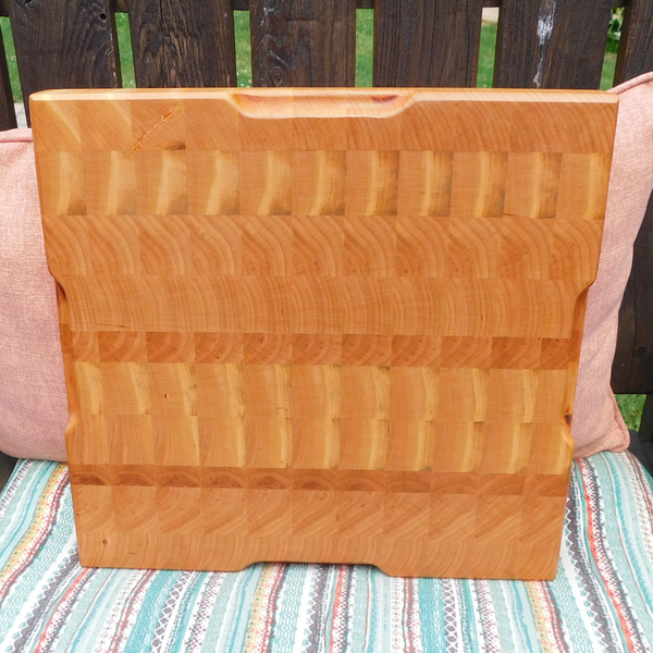 Cherry Wood End Grain Cutting Board with Hand Grooves on All Four Sides and Beveled Edge
