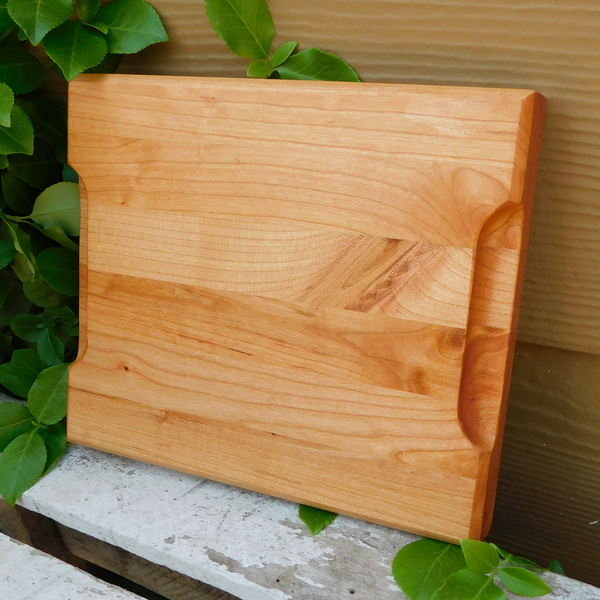 Small Cherry Wood Edge Grain Cutting Board with Beveled Edge & Hand Grooves On Sides
