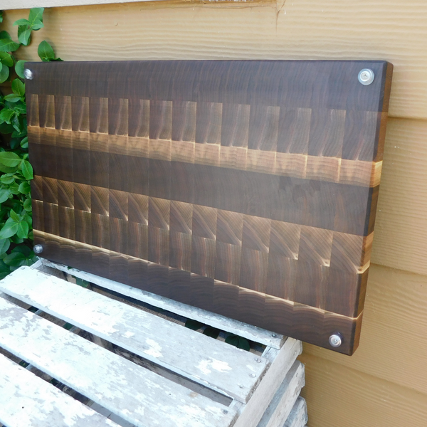 Large Black Walnut End Grain Cutting Board with Hand Grooves and Clear Rubber Grip Feet