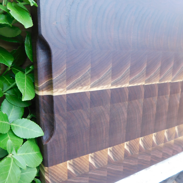 Black Walnut End Grain Cutting Board with Hand Grooves and Clear Rubber Grip Feet