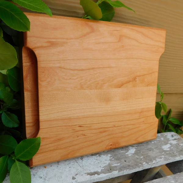 Small Cherry Wood Edge Grain Cutting Board with Beveled Edge & Hand Grooves On Sides