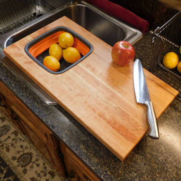Over The Sink Cherry Wood Edge Grain Cutting Board with Colander and Clear Rubber Grip Feet