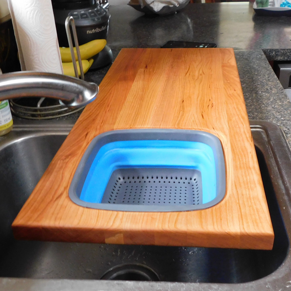 Extra Large Over The Sink Cherry Wood Edge Grain Cutting Board with Collapsible Colander and Clear Rubber Grip Feet