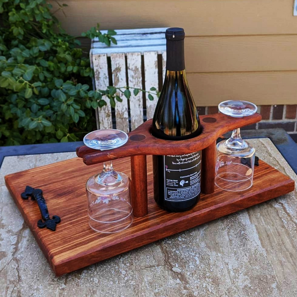 Spalted Cherry Wood Wine Charcuterie Board with Two Wine Glasses, Cast Iron Handles, & Clear Rubber Grip Feet