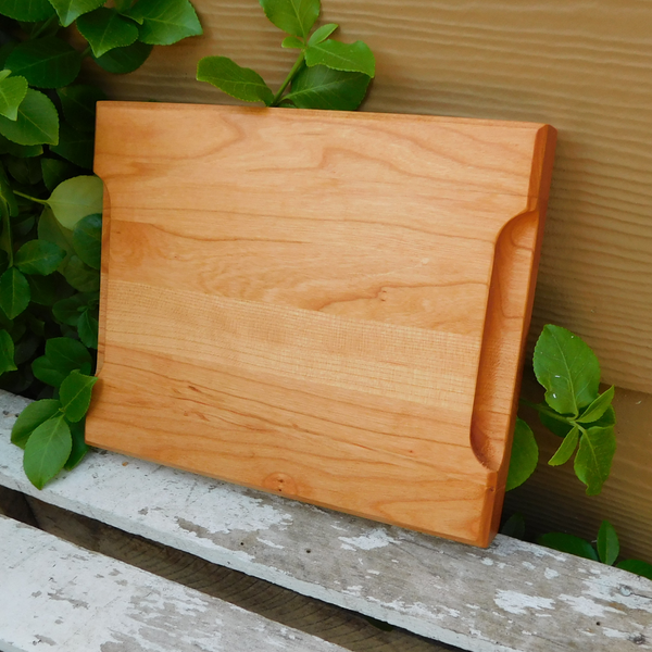 Small Cherry Wood Edge Grain Cutting Board with Beveled Edge & Hand Grooves On Sides